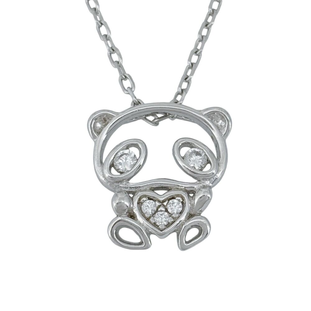 Vintage Sterling Silver S925 Cubic Zirconia Panda Pendant Necklace 16.25"-18"